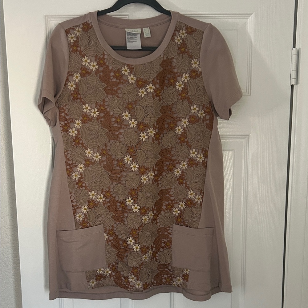 LOGO by Lori Goldstein Taupe/ Mauve/rust Floral Short Sleeve Top